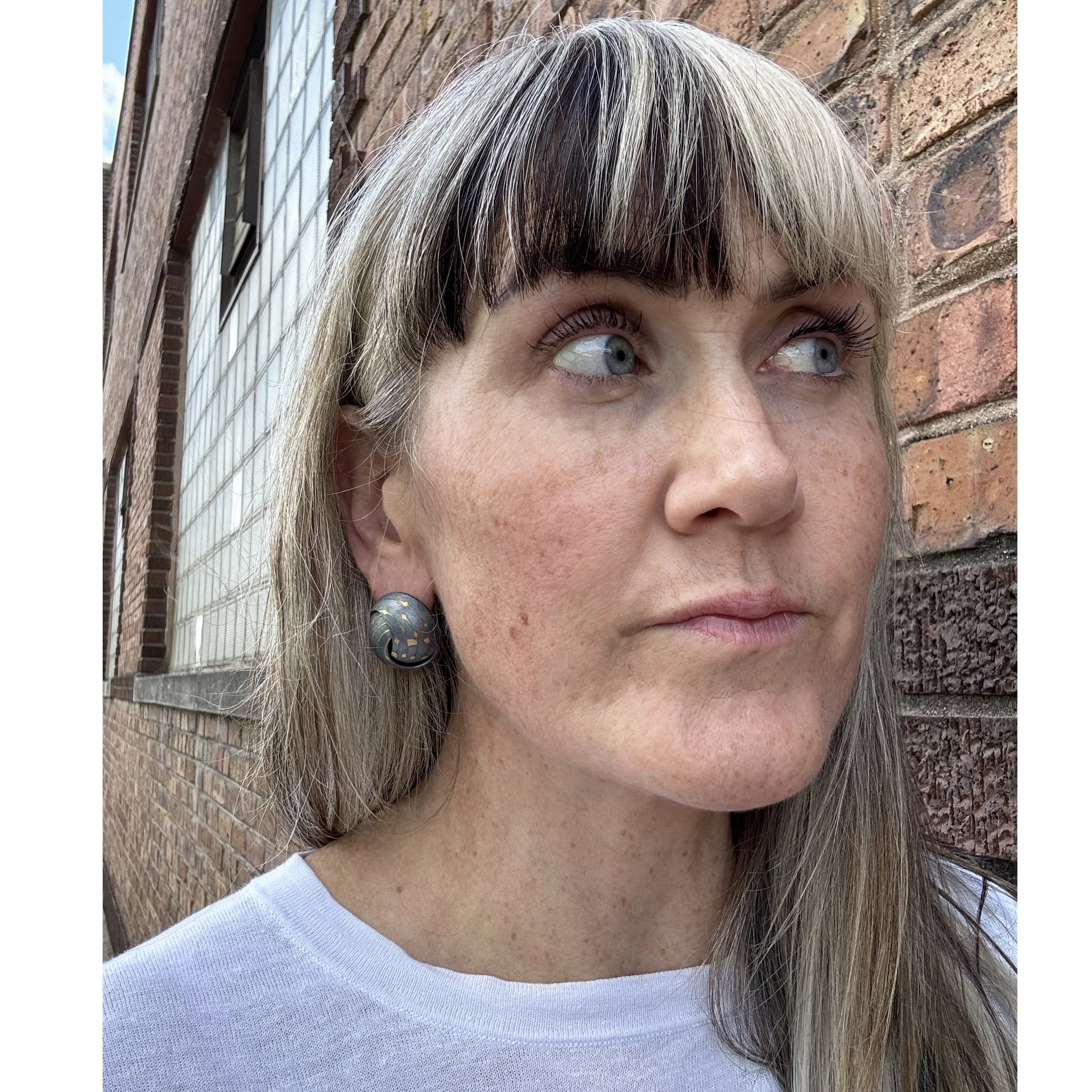 Oxidized Swirl Earrings with lines of 18k Yellow Gold — sarah